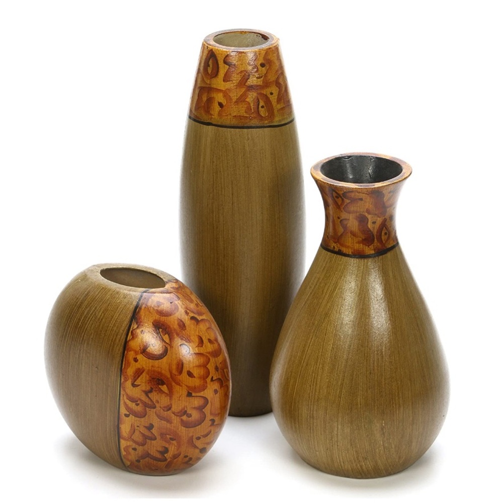 Hosley Set of 3 Burlwood Finish Vases.